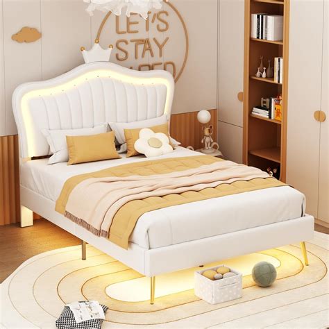 Base de cama tapizada de tamaño matrimonial con luces LED moderna cama