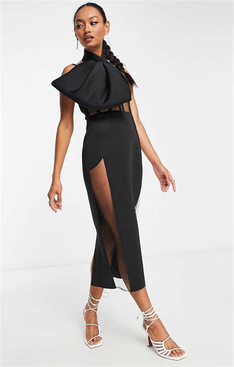 Rent Asos Design Halter Mesh Insert Corset Corsage Midi Pencil Dress In