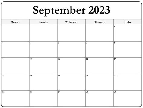 September 2023 Monday Calendar | Monday to Sunday