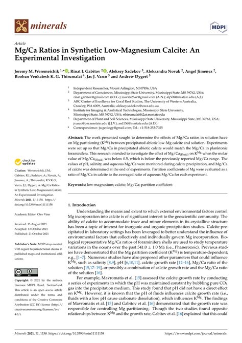 Pdf Mgca Ratios In Synthetic Low Magnesium Calcite An Experimental