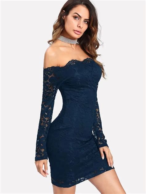 Sexy Shoulder Skinny Lace Dress Sexy Solid Long Sleeve Dress Temu