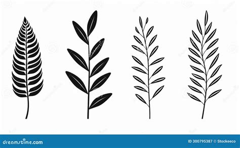 Minimalist Black And White Leaf Design Set With Four Different Plants