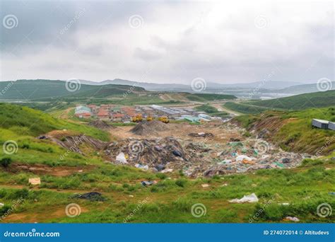 Landfill Landscape With Trash Piles Bulldozer And Garbage Truck