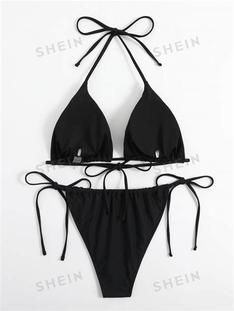 Shein Swim Basics Plus Mono Bikini Set Halter Triangle Bra Tie Side