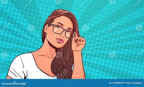 Portrait Of Beautiful Woman Wearing Glasses Over Retro Pop Art Background Attractive Female With