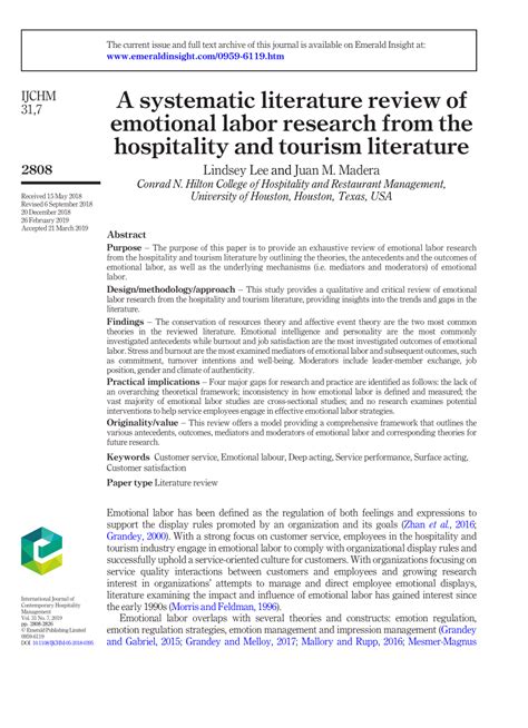 Pdf A Systematic Literature Review Of Emotional Labor Research From The Hospitality And