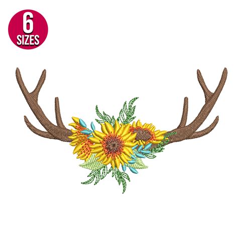 Deer Antlers with Sunflowers embroidery design, Digital down - Inspire ...