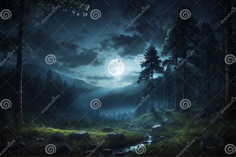 A Forest Clearing At Night With The Rays Of A Full Moon Illuminating