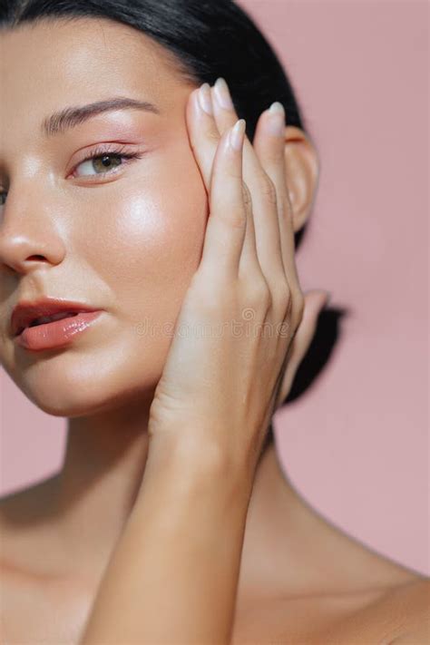 Close Up Of Latina Woman With Radiant Skin And Hand Touching Face Stock Image Image Of