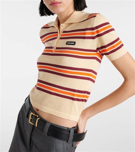 Striped Cotton And Silk Polo Shirt In Multicoloured Miu Miu