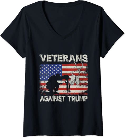 Womens Vintage Veterans Against Trump American Flag V Neck