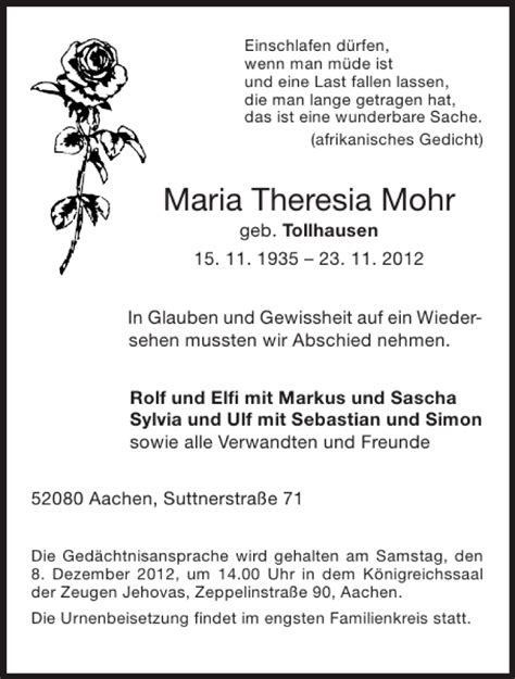 Traueranzeigen Von Maria Theresia Mohr Aachen Gedenkt