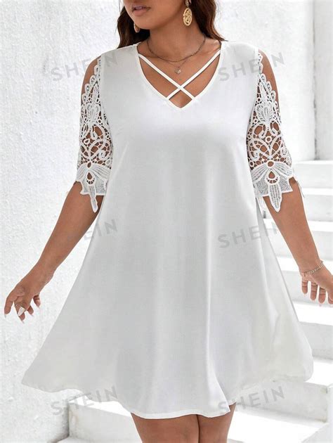 Shein Frenchy Plus Contrast Guipure Lace Cold Shoulder Crisscross Front