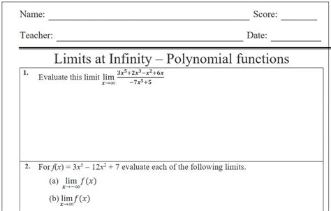 Limits At Infinity Polynomial Functions Worksheet By Teach Simple