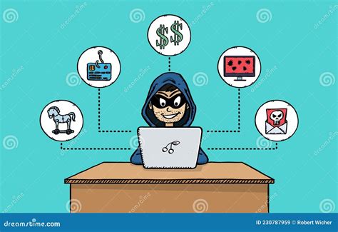 Cartoon Vector Of Hacker With Laptop Surrounded By Icons Sketch Style