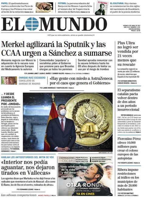 Portada De El Mundo Del Viernes 9 De Abril De 2021 Medios