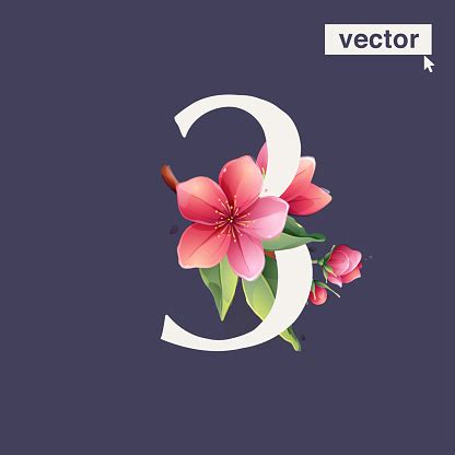 3 Logo Number Three With Sakura Blooming Flowers Vector Realistic Watercolor Style Pink Cherry ...