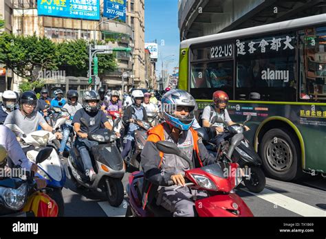 Scooter Waterfall In Taiwan Traffic Jam Crowded Of Motorcycles At Rush