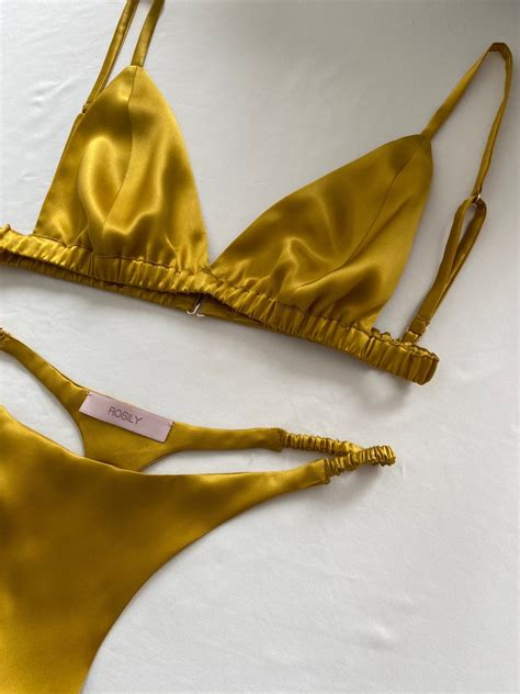 Mustard Yellow Silk Lingerie Set Silk Bralette Thong Silk Satin Bra Brief Intimates