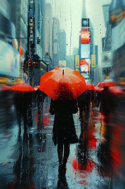 Premium Photo | Rainy day cityscape with blurred umbrellas and pedestrians