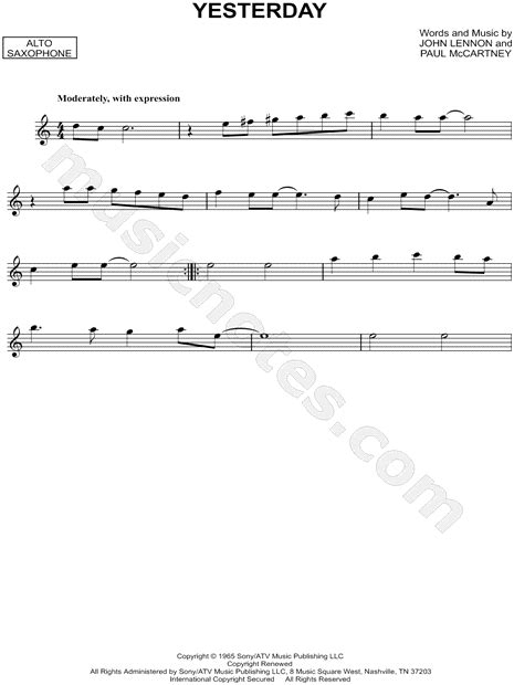 The Beatles Yesterday Sheet Music Alto Saxophone Solo In C Major Download And Print Sku