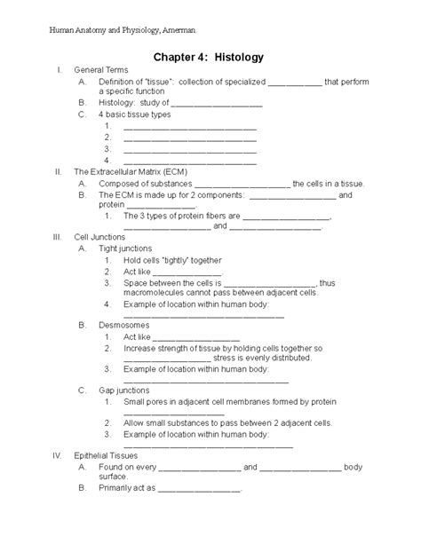 BIO 109HYB Chapter 4 Outline Notes Amerman Chapter 4 Histology I