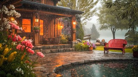 Spring Rain On Cozy Cabin Porch With Relaxing Fireplace Rain Sounds