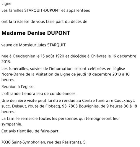 Avis de décès de Denise DUPONT décédé le 16 12 2013 à Chièvres