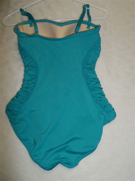 Badgley Mischka Shirred Bandeau Maillot One Piece Swimsuit Blue 4 12