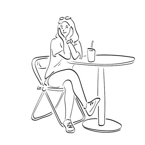 Premium Vector Line Art Woman Sitting At Coffee Shop With Takeaway Coffee Illustration Vector