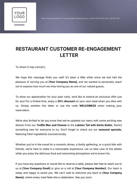 Free Restaurant Customer Re Engagement Letter Template Edit Online