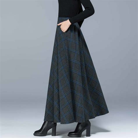 Damen Kariert Kunst Wolle Rock Tartan A Linie Plissiert Lang Swing Hohe