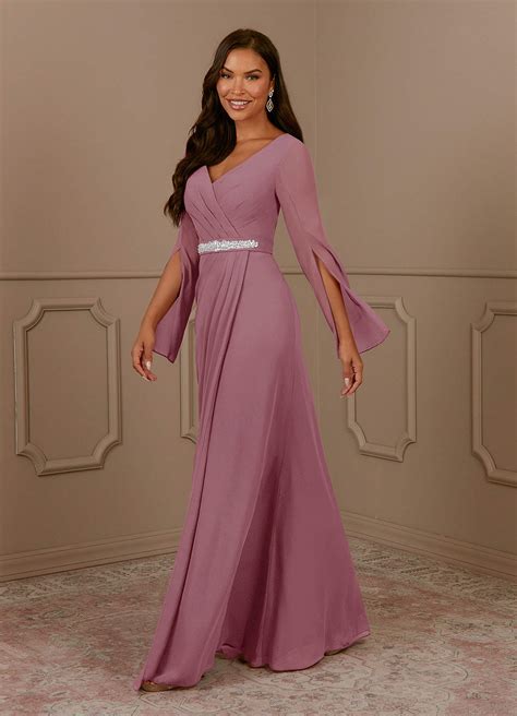 Vintage Mauve Azazie Belinda A Line V Neck Pleated Chiffon Floor Length