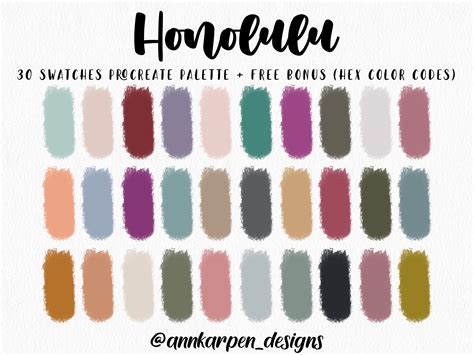 Honolulu Procreate Palette 30 Hex Color Codes Instant Digital Download Ipad Illustration