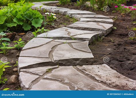 Careful Placement Of Curved Slabs For A Garden Pathway Stock Photo