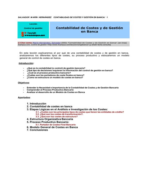 Contabilidad De Costes Y De Gesti N En Banca