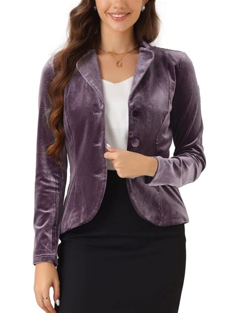 Allegra K Women S Notched Lapel Long Sleeve Button Velvet Blazer M Deep