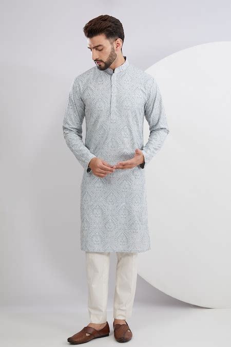 Buy Blue Silk Embroidered Thread Floral Kurta For Men By Kasbah Online