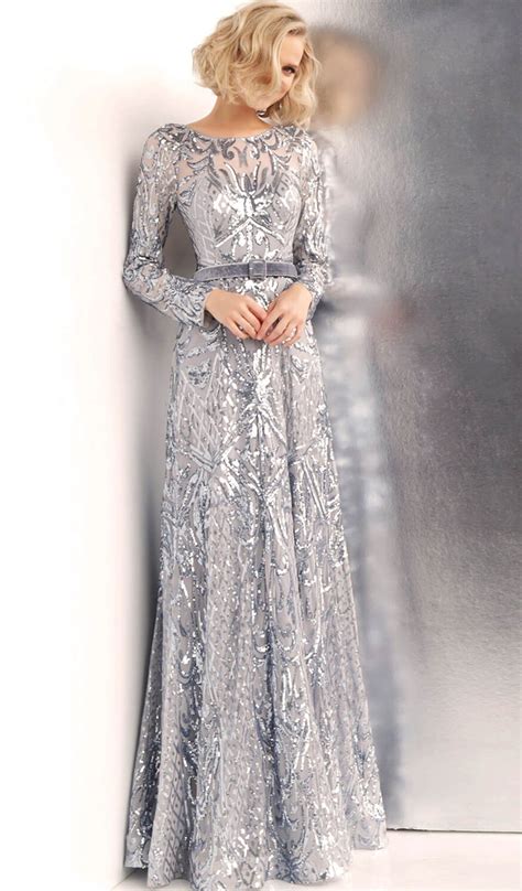 Jvn By Jovani Jvn62711 Silver Embellished Bateau Evening Gown Long Sleeve Evening Gowns