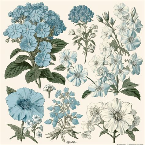 Vintage Blue Flower Clip Art Set Woodland Phlox Florals With White