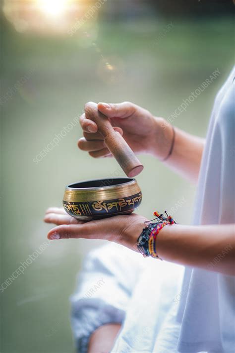 Woman With Tibetan Singing Bowl Stock Image F024 9549 Science