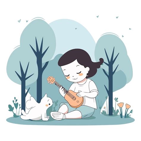 Premium Vector Girl Playing Ukulele And Cat In The Park Vector