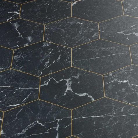 Black Marble Gold Grout Hexagon Sheet Vinyl Flooring Carrara Bianca