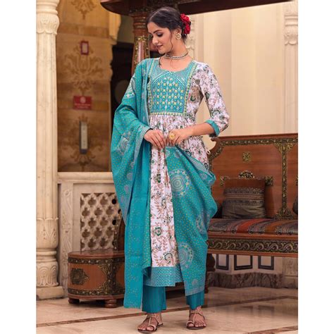 White Blue Floral Printed With Embroidered Muslin Anarkali Suit