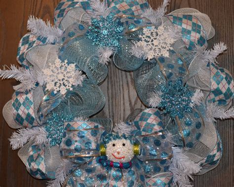 Blue White Winter And Christmas Snowman Snowflake Deco Mesh Wreath Deco Mesh Crafts Mesh