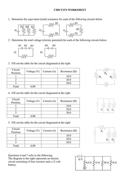 Free Printable Worksheet Circuits