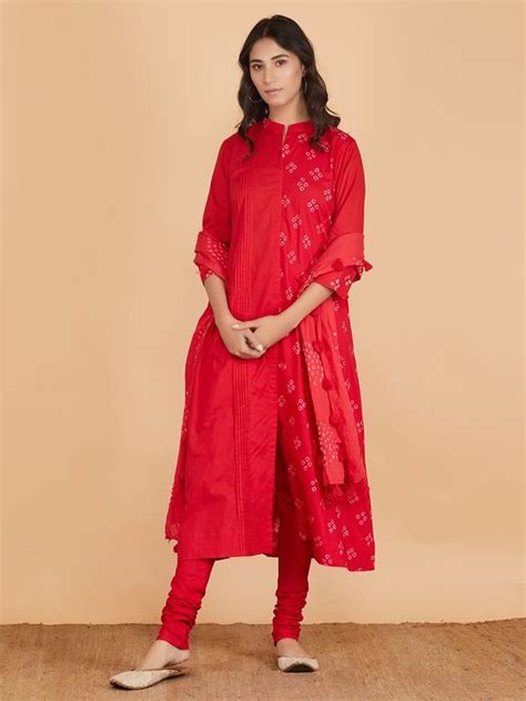 Buy Burgundy Bandhani Cotton Suit Set Of 3 Online At Theloom