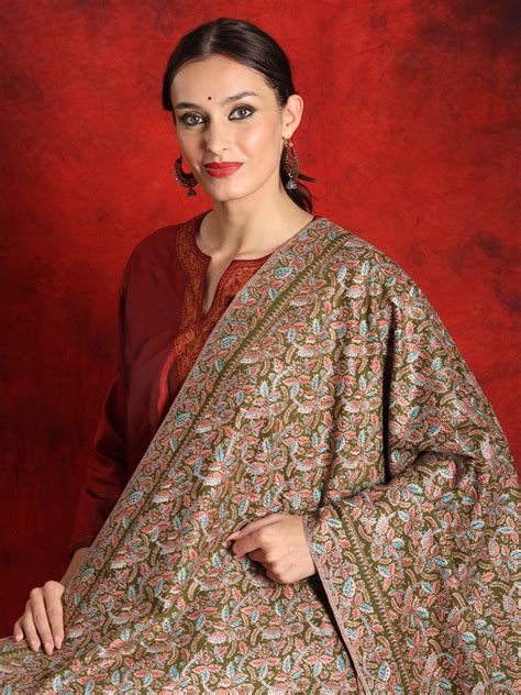 Pure Pashmina Sozni Henna Green Colored Jamawar Shawl With All Over