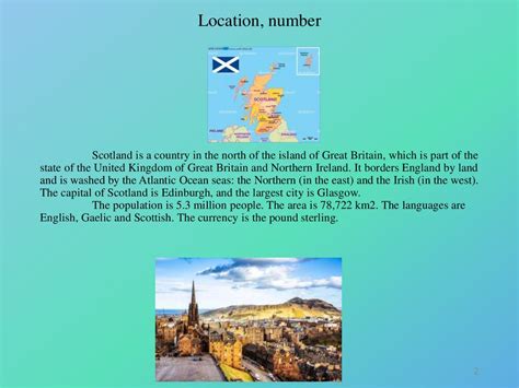 Scotland is a country in the north of the island of Great Britain ...