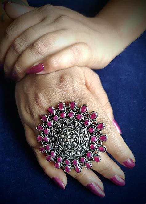 Get Oversized Flower Stone Studded Oxidised Silver Ethnic Pink Ring At